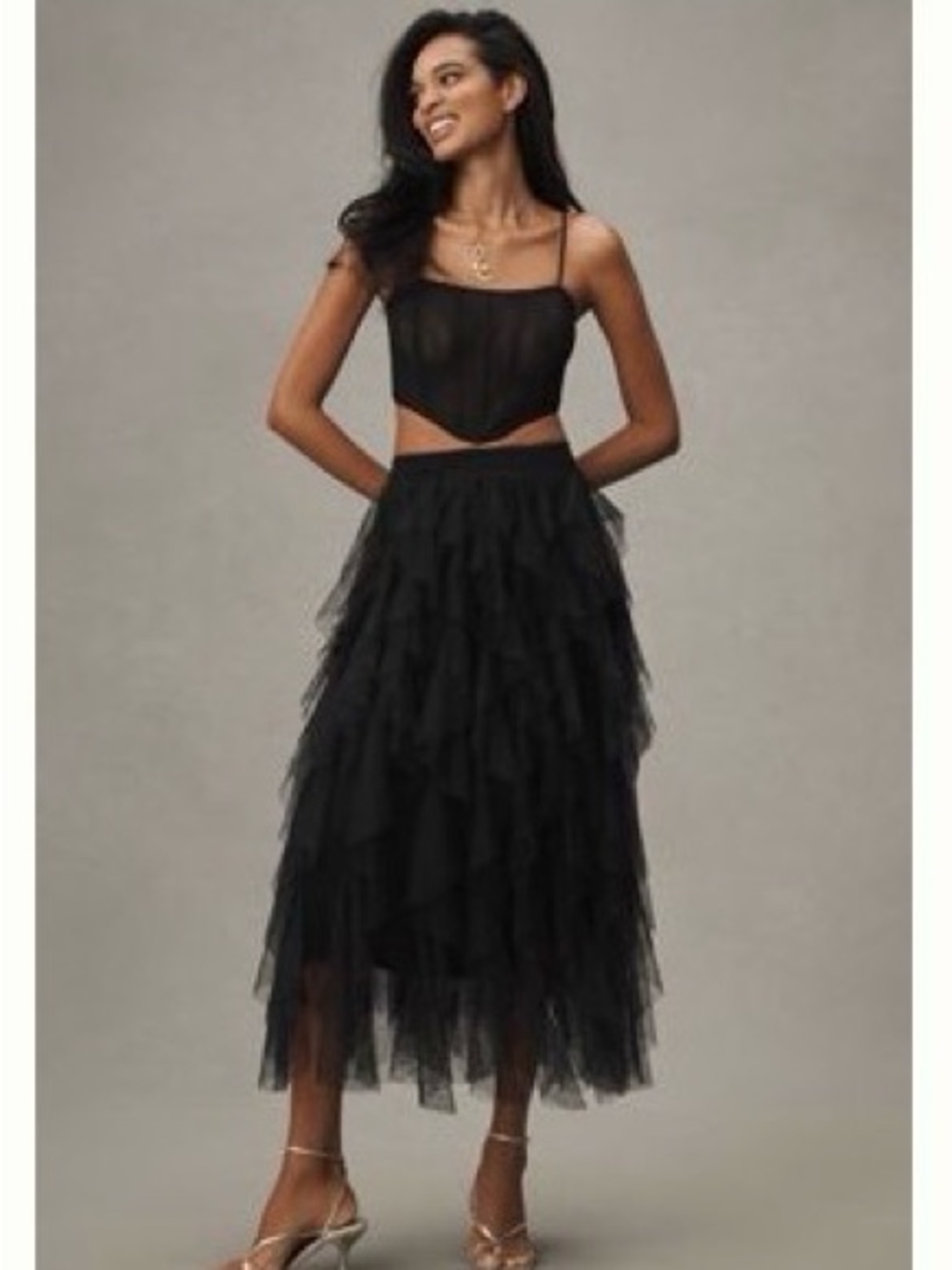 NWT Black Ruffled Tulle Midi Skirt